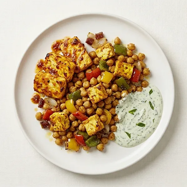 Turmeric Roasted Harissa Cottage Cheese With Chickpea Bowl With Bellpepper and Tahini Yogurt